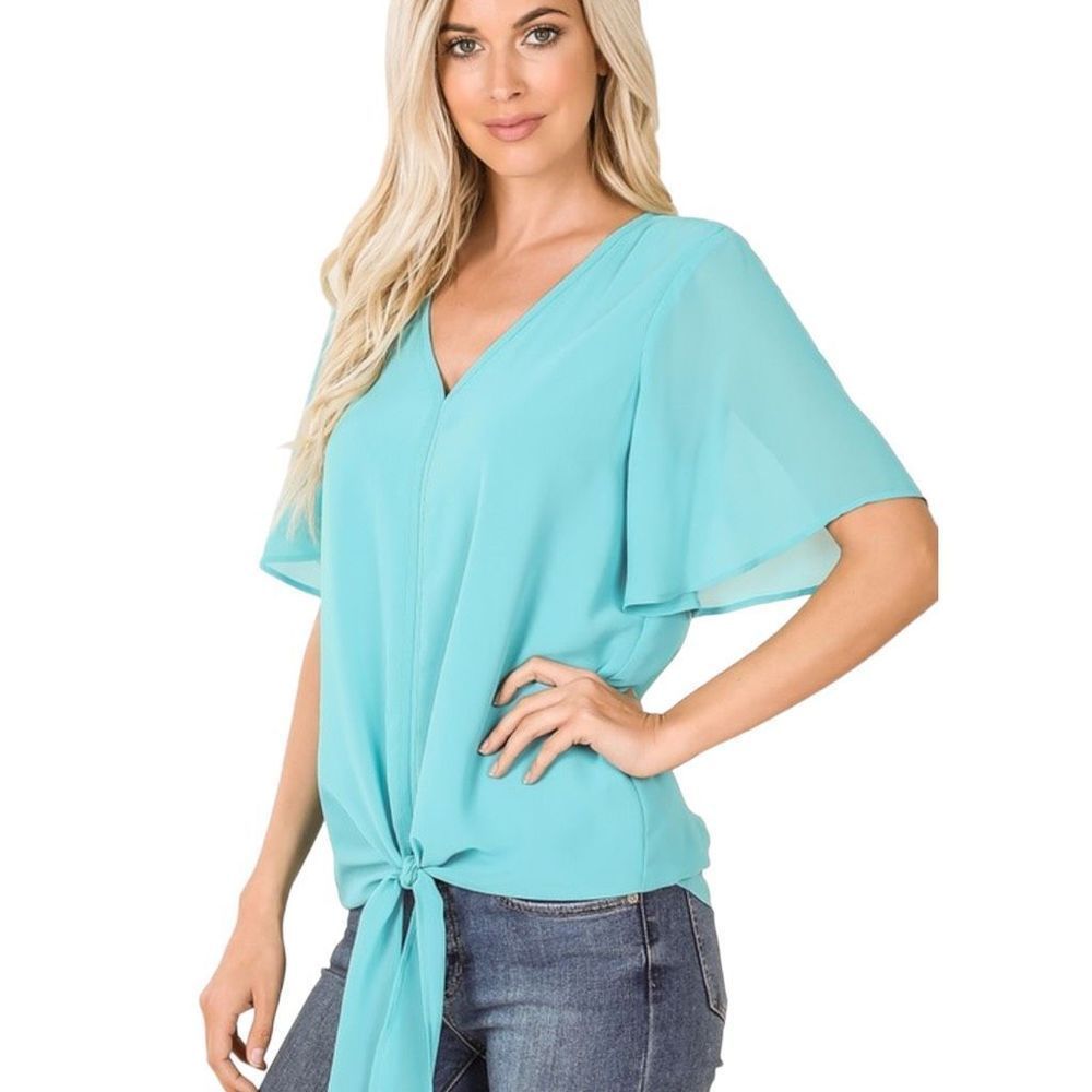 Zenana Women's Tie Hem Sheer Bell Sleeves Top Taupe/ Ash Mint/ Blue Grey/ Cream